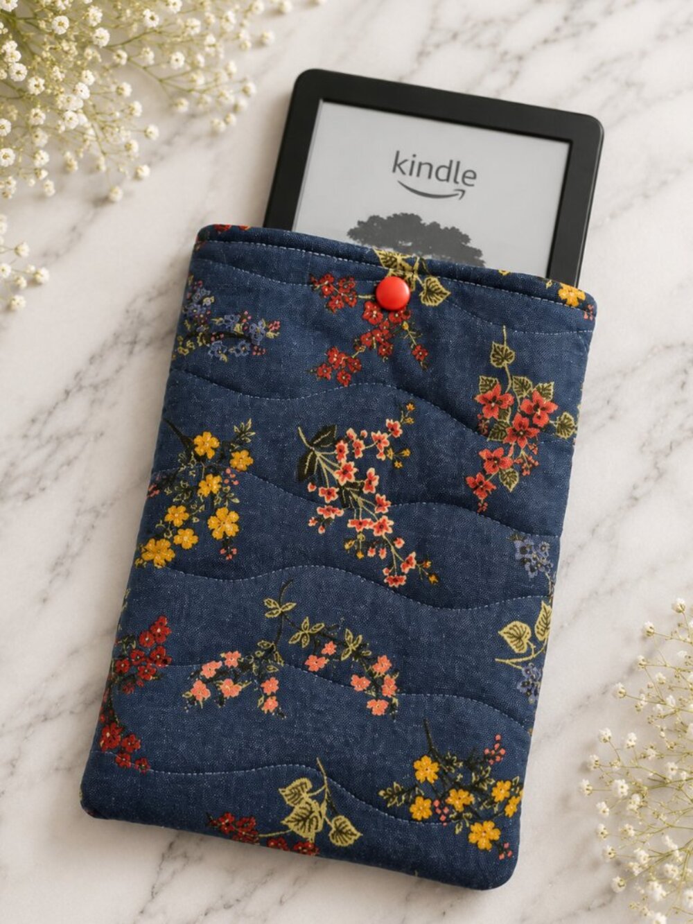 Quilted Floral Kindle Sleeve, Blue E-Reader Pouch, Handmade Bookish Case
